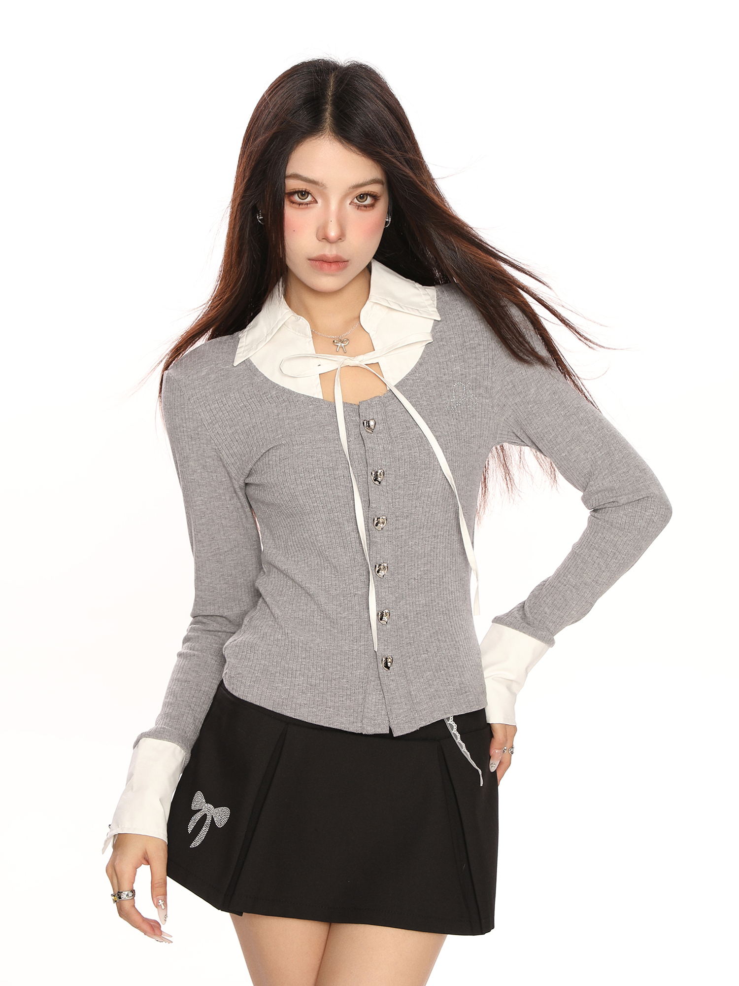 Stylish Shirt Collar Fake Two-piece Long Sleeve Knitwear T-shirt