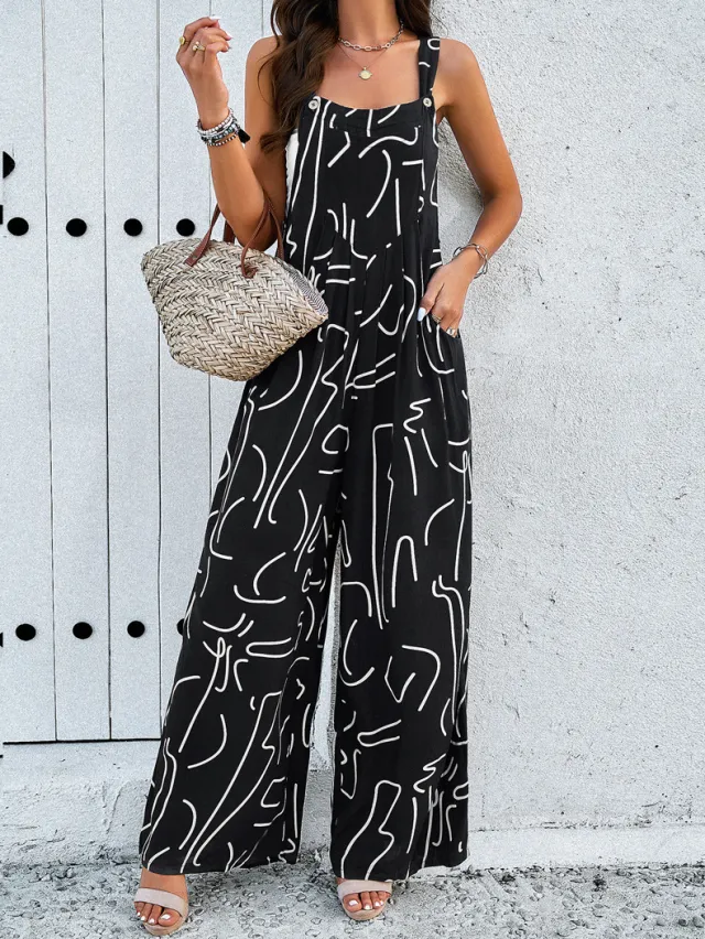 Women's Loose All match Casual Printed Jumpsuit Black - Shop at LoveMi
