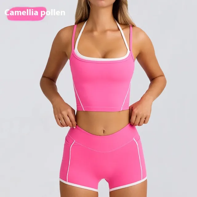 Sports Underwear Vest Shorts Spaghetti Strap Bra Yoga Suit Camel - Shop at LoveMi