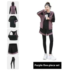 Breathable Sweat Absorbing Loose Sports Yoga Plus Size Workout Clothes Suit - Purple 5Pcs Set - View 1
