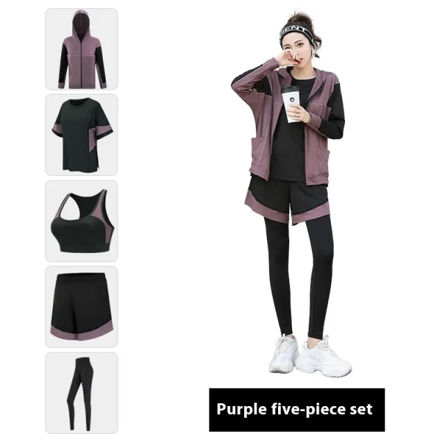 Breathable Sweat Absorbing Loose Sports Yoga Plus Size Workout Clothes Suit Purple 5Pcs Set - Shop at LoveMi