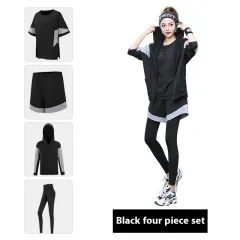 Breathable Sweat Absorbing Loose Sports Yoga Plus Size Workout Clothes Suit - Black 4Pcs Set - View 1