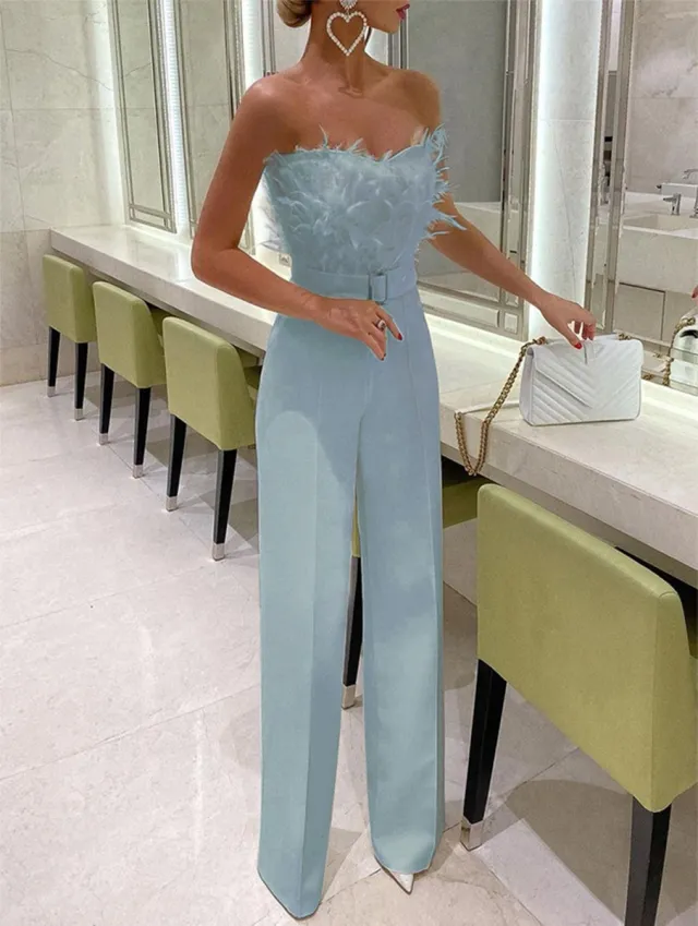 Temperament Feather Tube Top Jumpsuit Party Dress Pants Blue1 - Shop at LoveMi