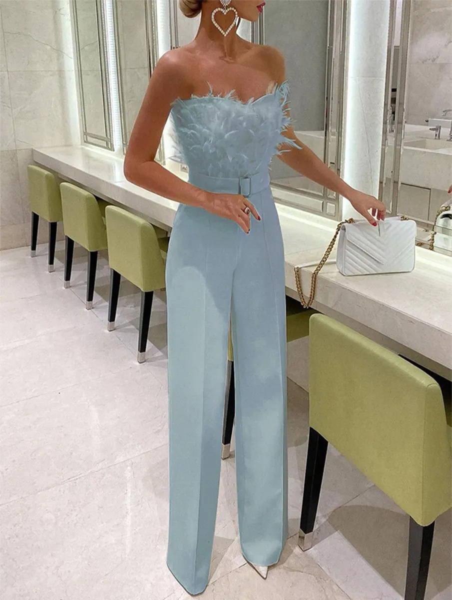 Temperament Feather Tube Top Jumpsuit Party Dress Pants - Blue1