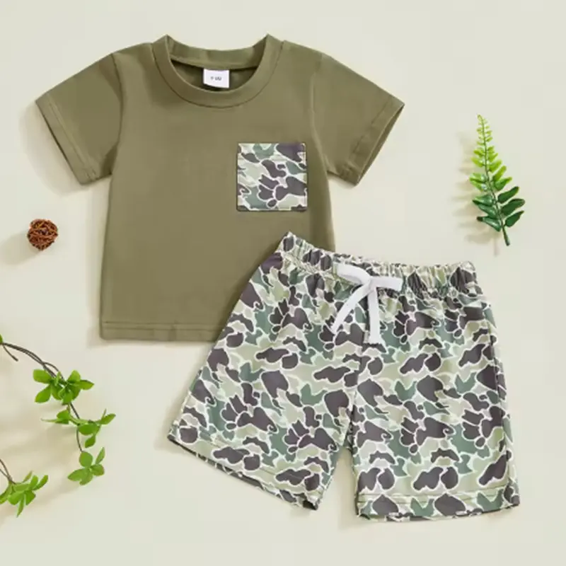 Boy's Camouflage Printed Faux Pocket Short Sleeve Top Suit