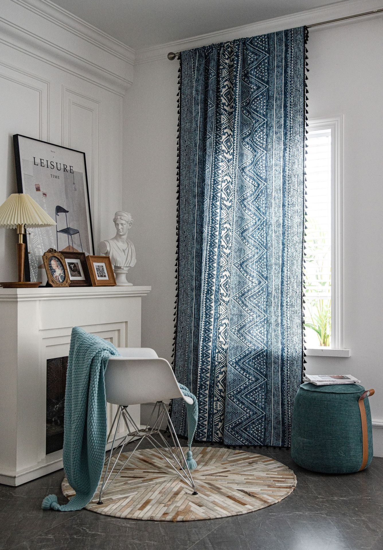 Boho Printed Blue Curtain with Tassels