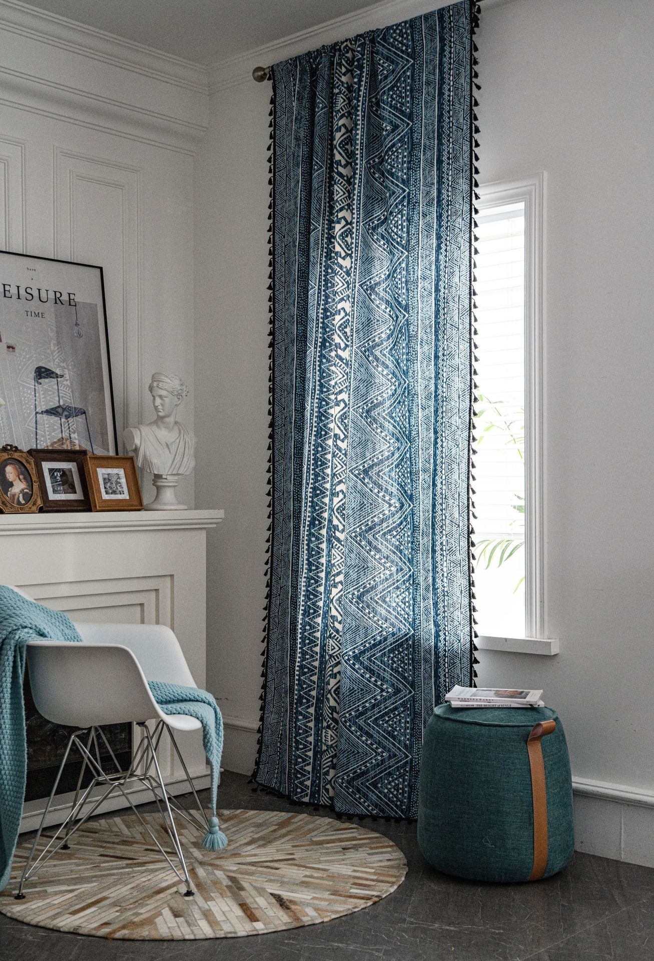 Boho Printed Blue Curtain with Tassels
