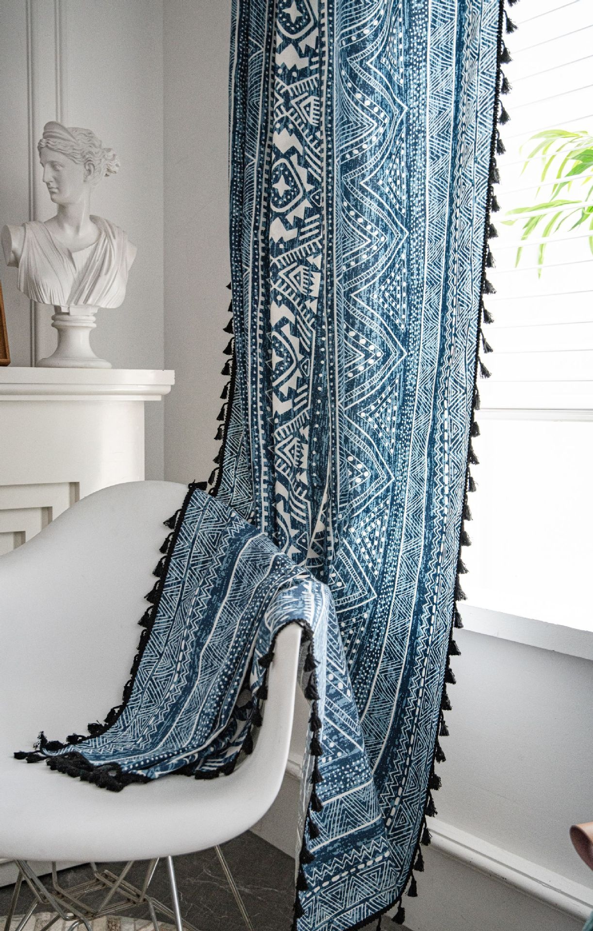 Boho Printed Blue Curtain with Tassels
