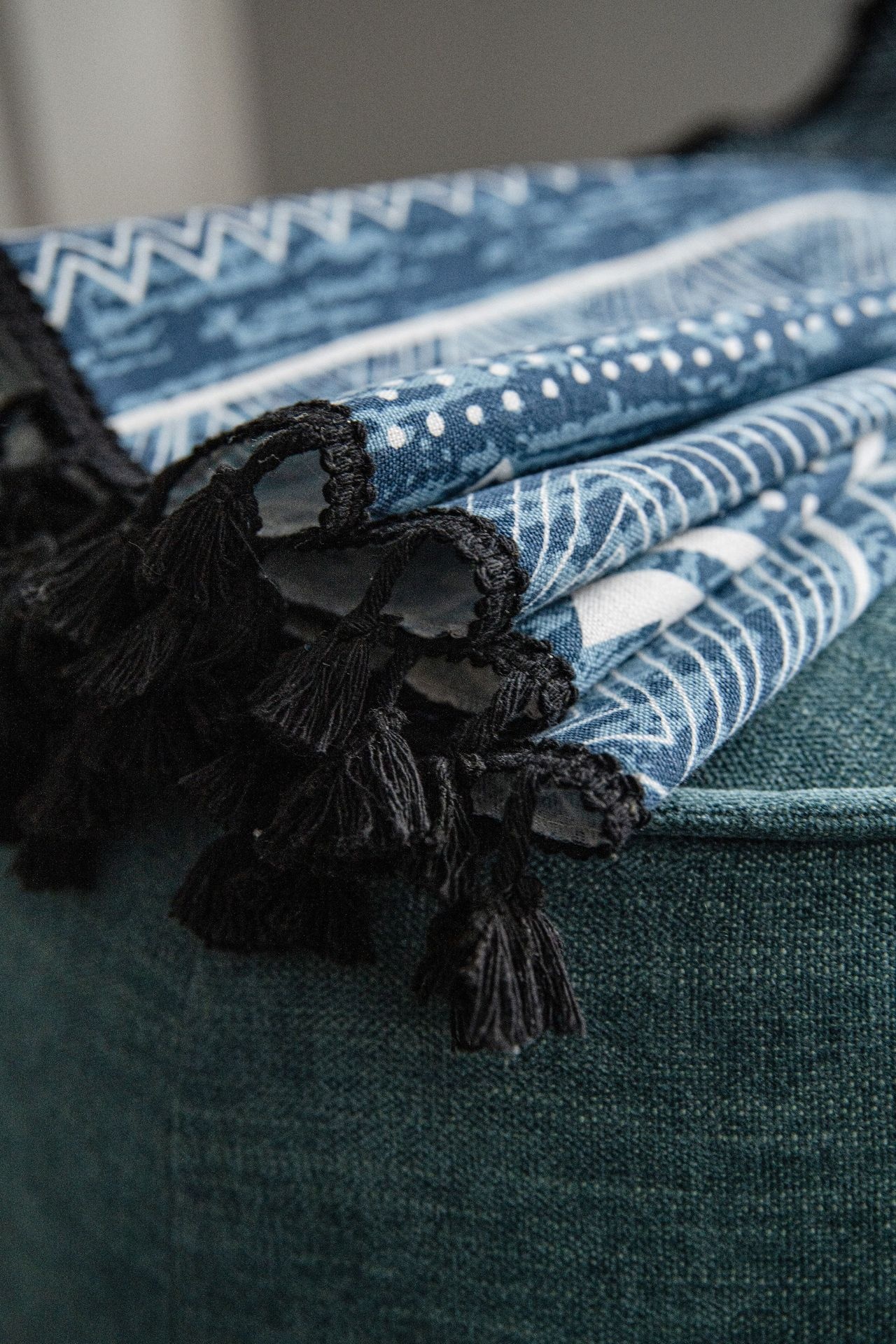 Boho Printed Blue Curtain with Tassels