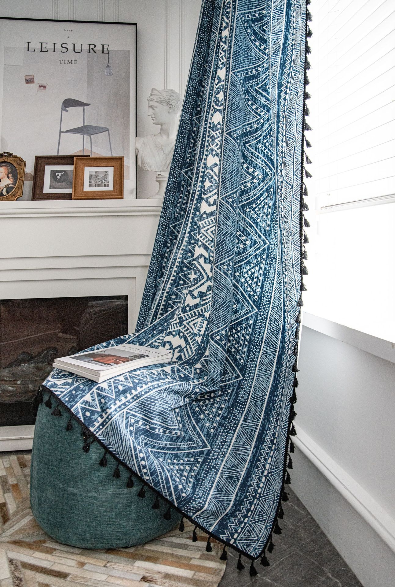 Boho Printed Blue Curtain with Tassels