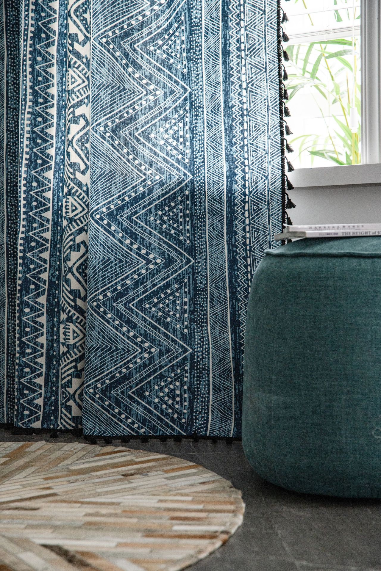 Boho Printed Blue Curtain with Tassels