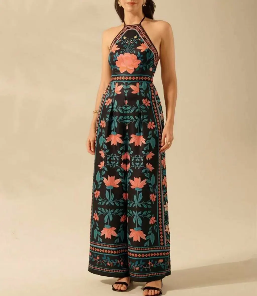 Women's Fashion Printed Sleeveless Halter Wide Leg Jumpsuit - Black
