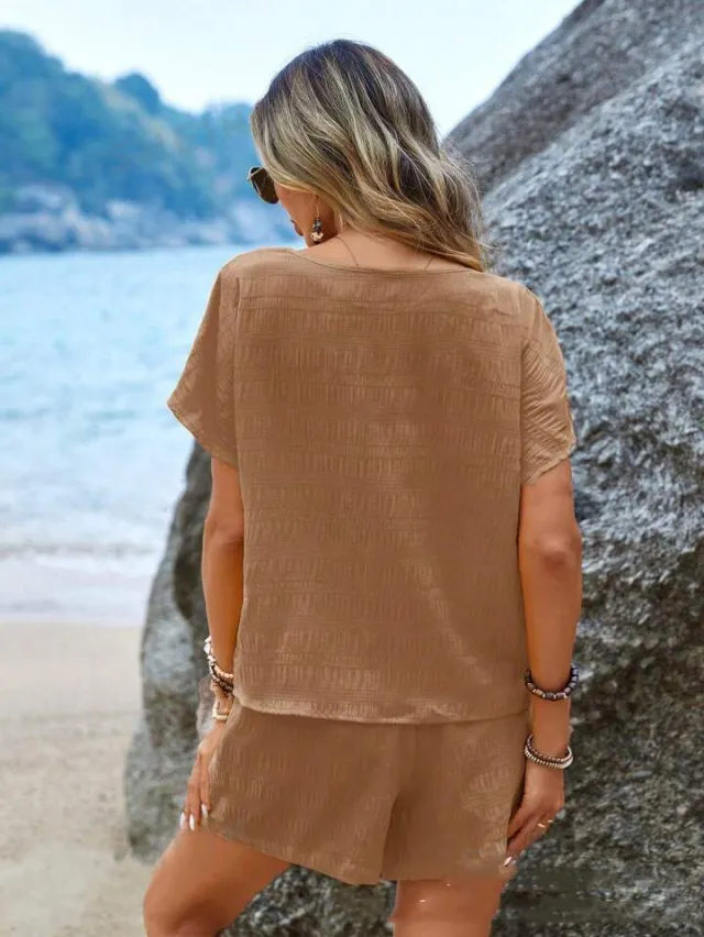 Casual And Comfortable Solid Color Round Neck Short Sleeves Shorts Suit Dark Khaki Cloth Color - Shop at LoveMi