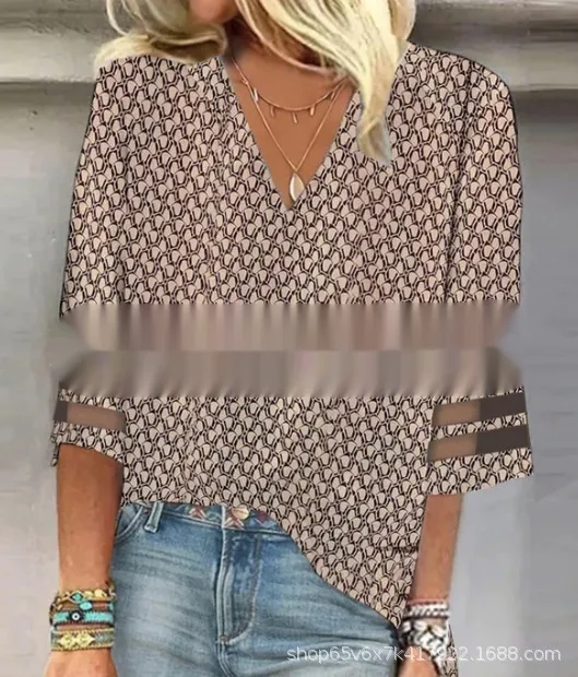 Women's Loose Long Sleeve Printed V neck Shirt Camel - Shop at LoveMi