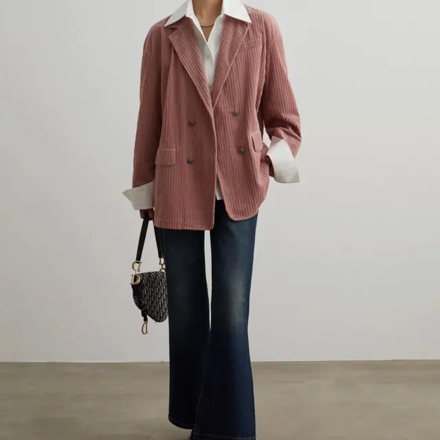 Corduroy Double Breasted Suit Jacket Loose Korean Style Blue Jeans - Shop at LoveMi