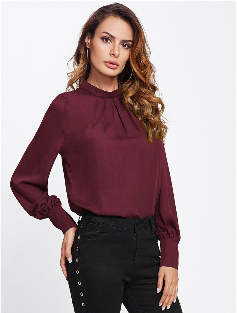 New Style Sleeve Chest Pleated Stand Collar Lady Chiffon Shirt Wine - Shop at LoveMi