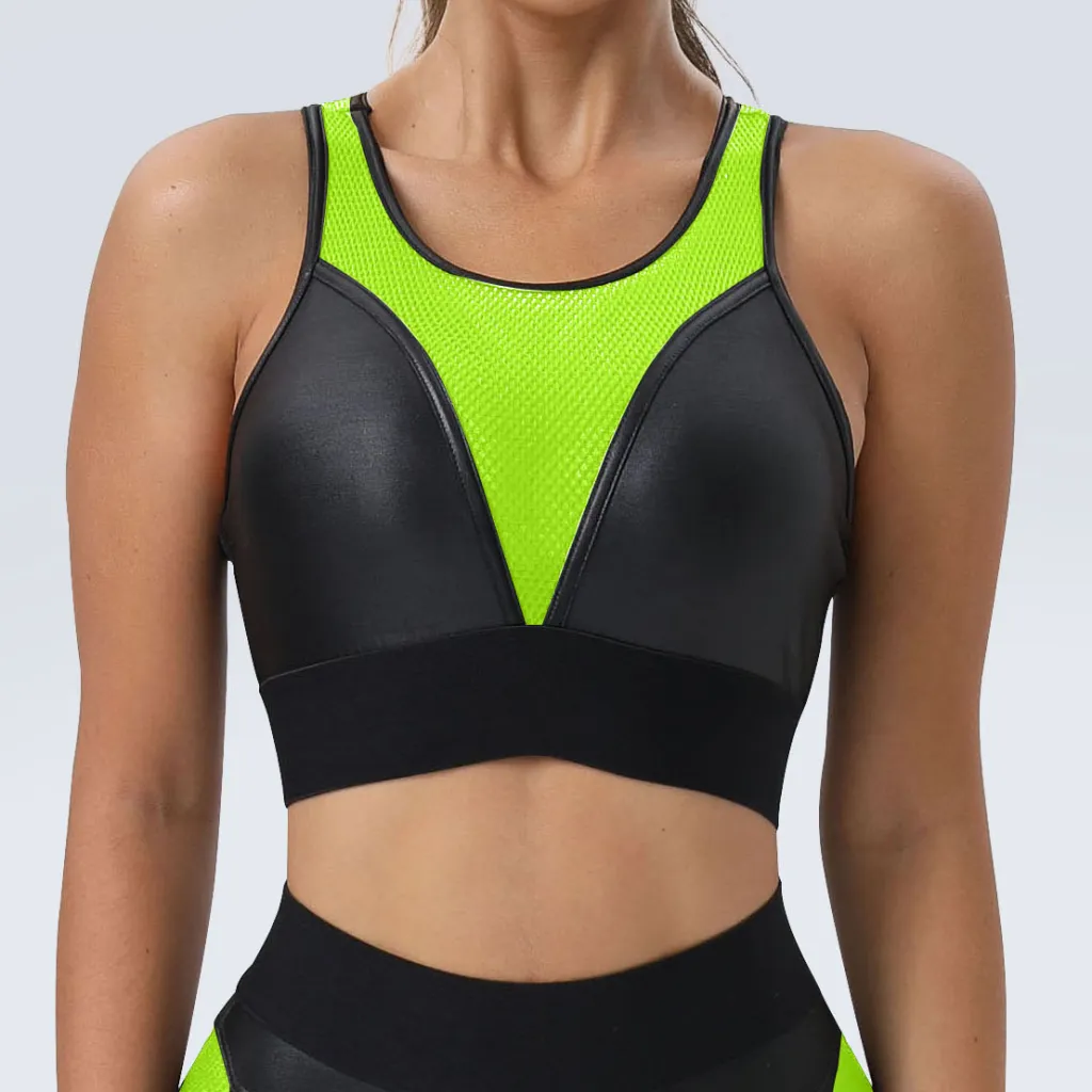 Patchwork Sexy Sports Bra Hip Lifting Trousers Fitness Two-piece Set - Fluorescent Green Bra