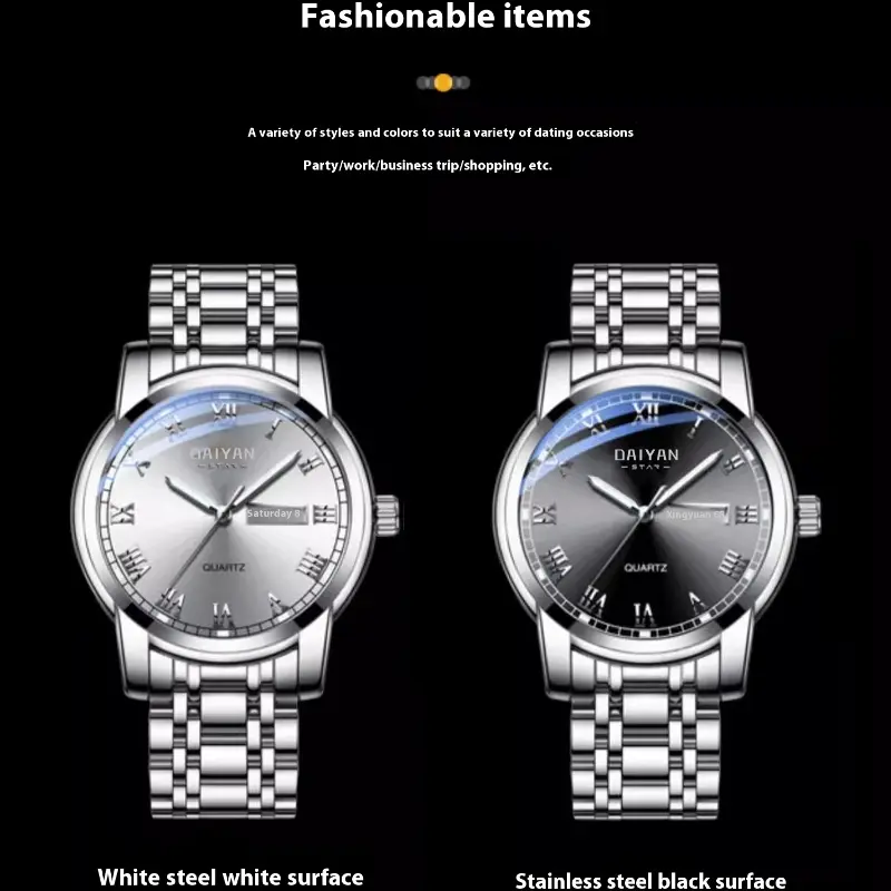 Stainless Steel With Double Calendar Quartz Watch Waterproof Luminous