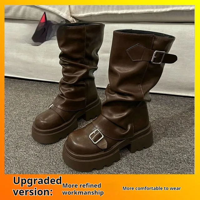 Trendy Retro Handsome Locomotive Thick Bottom Boots Female Brown - Shop at LoveMi
