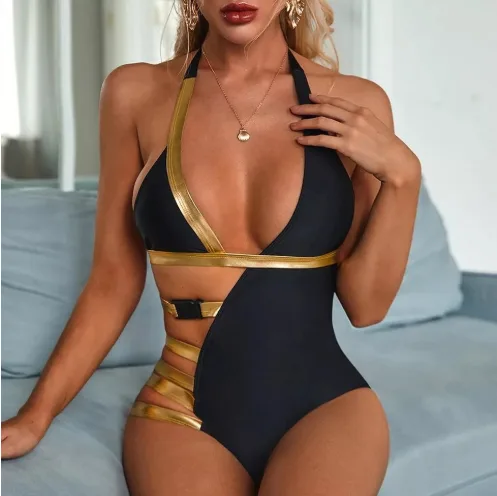 One-piece Swimsuit Sexy Stitching Bandage Belt Buckle Bikini