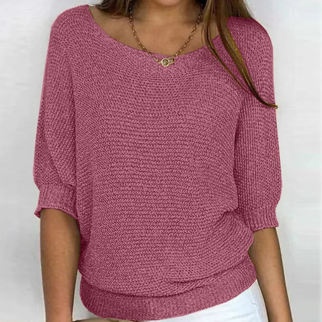 Solid Color Round Neck Sweater Women's - Rosy Pink