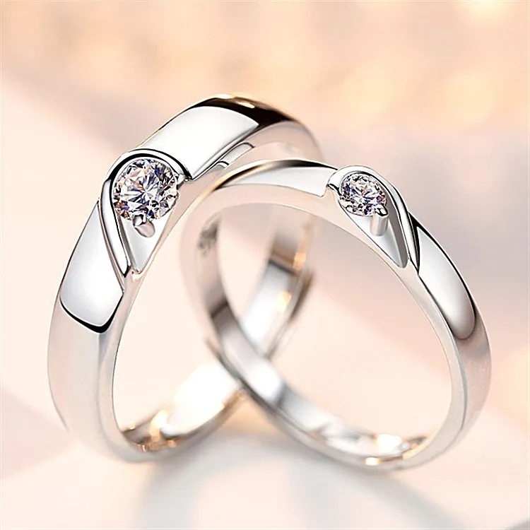 Silver heart diamond ring couple love wedding