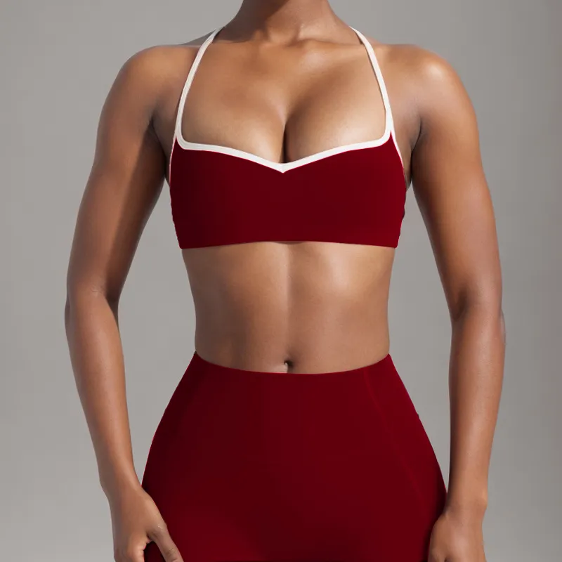 Women's Simple Nude Feel Beauty Back Exercise Contrast Color Bra Yoga Pants - Purplish Red Vest
