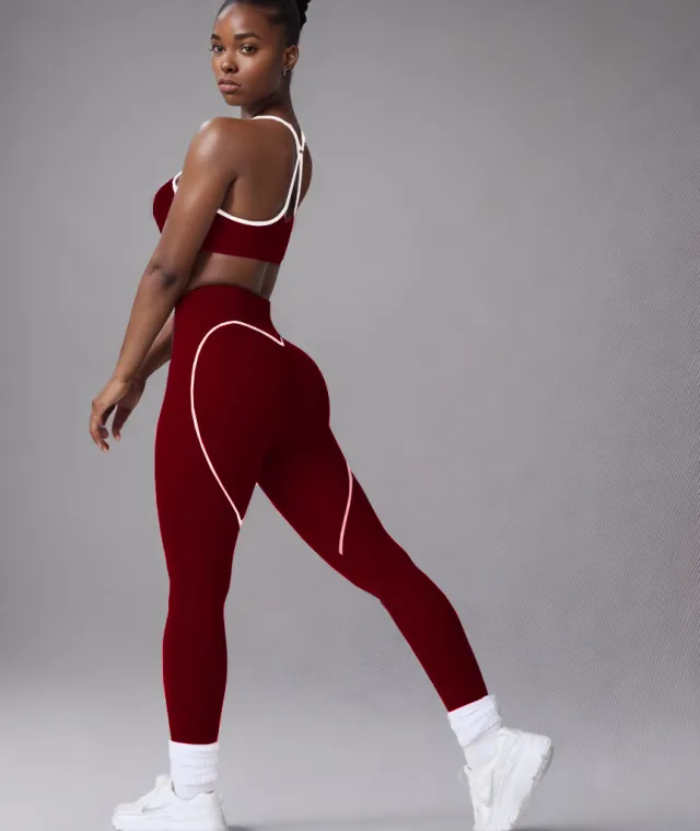 Women's Simple Nude Feel Beauty Back Exercise Contrast Color Bra Yoga Pants Red Trousers Suit - Shop at LoveMi