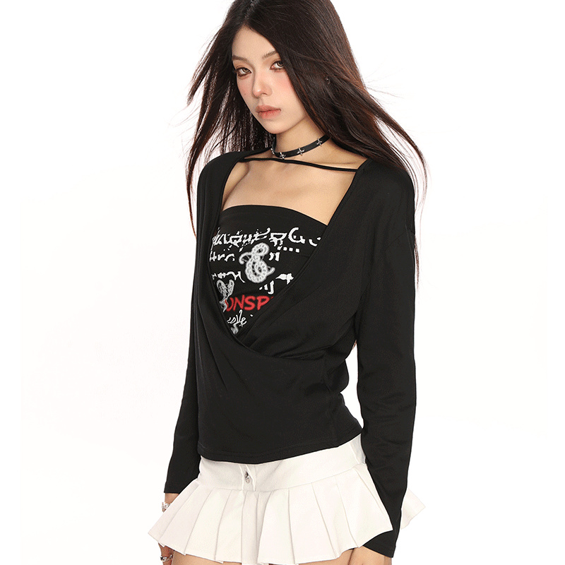 Women's Design Cross Pleated Tube Top Long-sleeved Blouse Suit