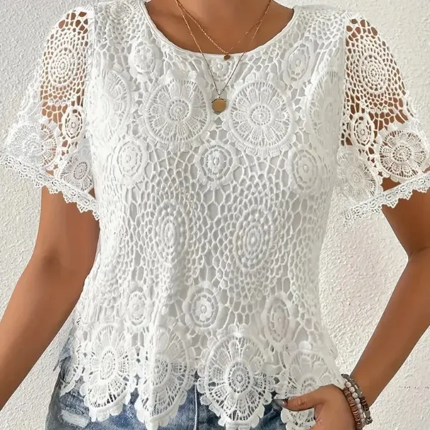 Women's Elegant White Lace V Neck Blouse With Floral Cut Out Detail Short Sleeve Floral - Shop at LoveMi