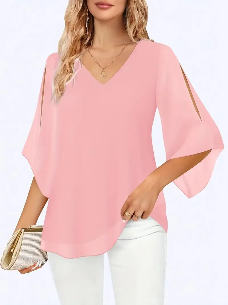 V-neck Double-layer Mesh Shirt Top - Pink