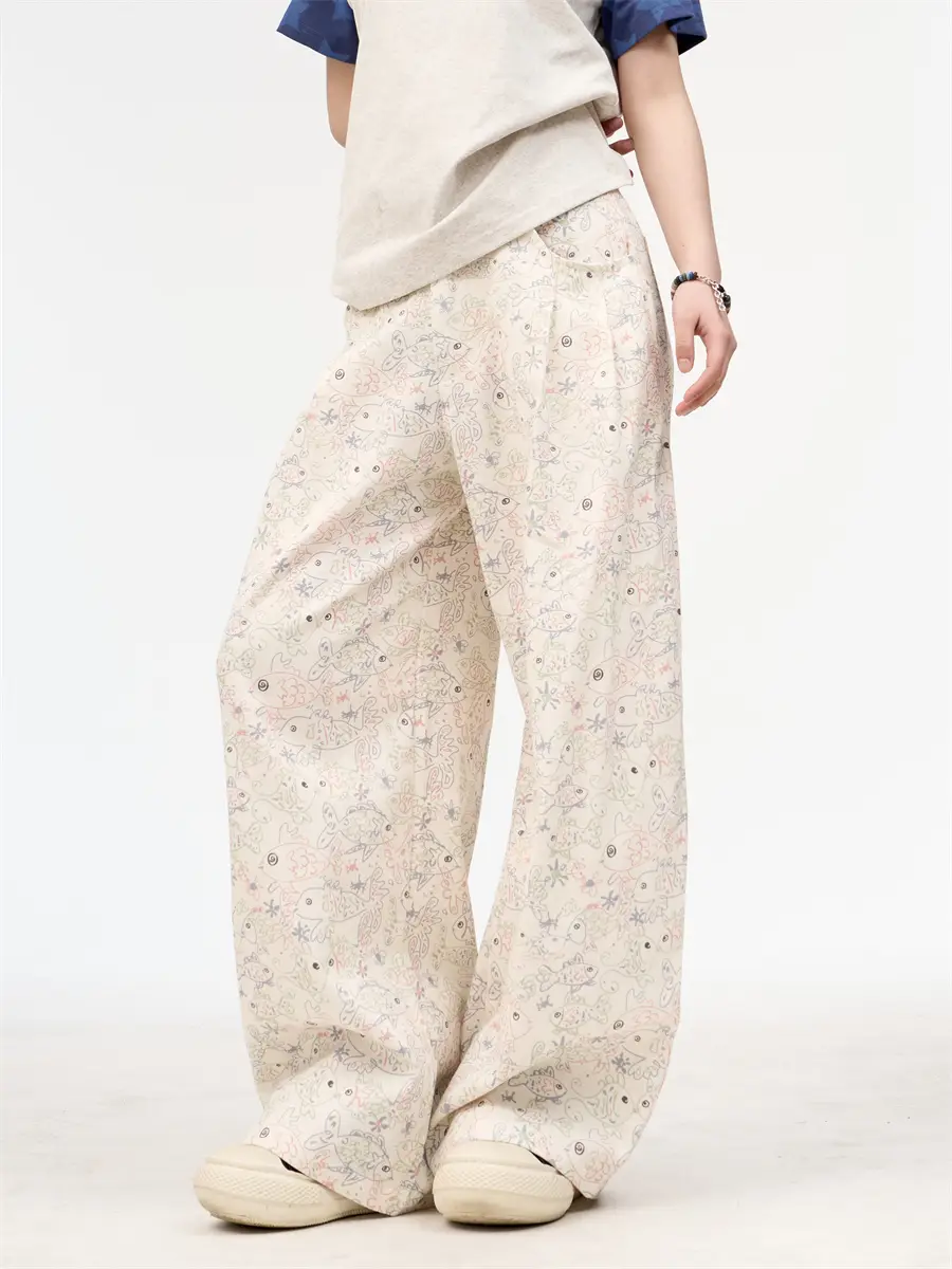 Female American Retro White Printed Graffiti Wide Leg Jeans