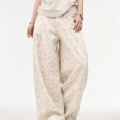 Female American Retro White Printed Graffiti Wide Leg Jeans - White - View 1