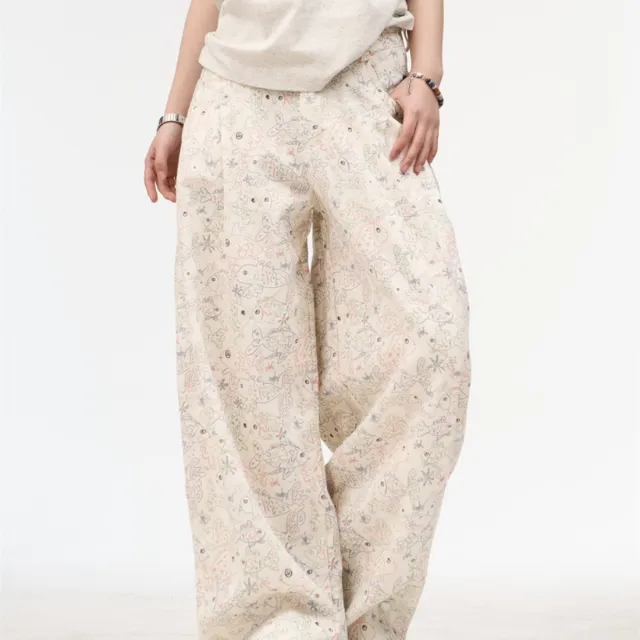 Female American Retro White Printed Graffiti Wide Leg Jeans White - Shop at LoveMi