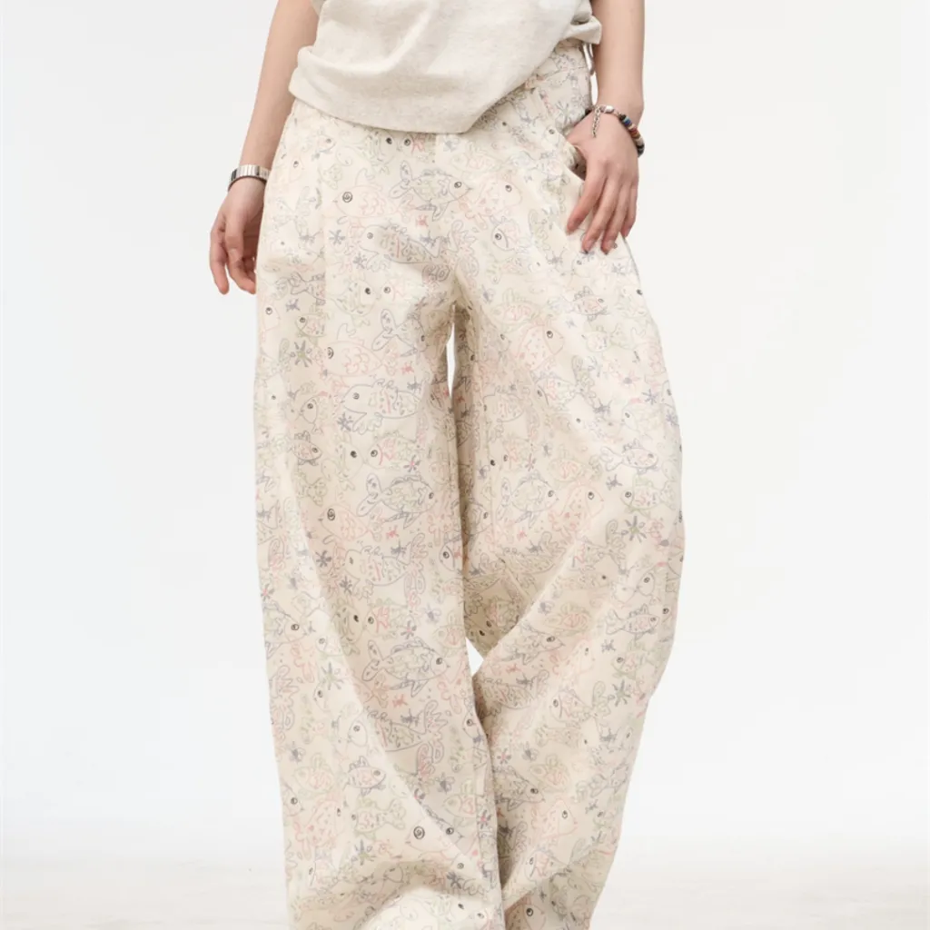 Female American Retro White Printed Graffiti Wide Leg Jeans - White
