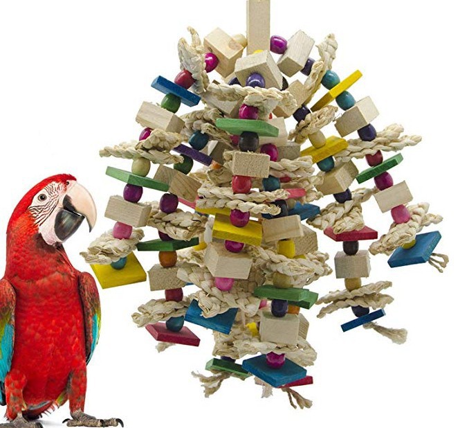Parrots Gnaw On Toys Made Of Corn Husk And Wood