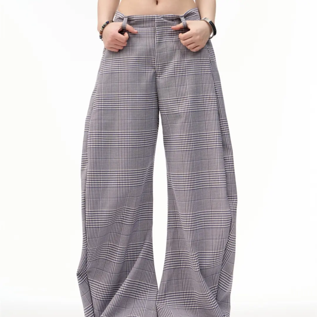Women's American Retro Plaid Patchwork Wide Leg Pants