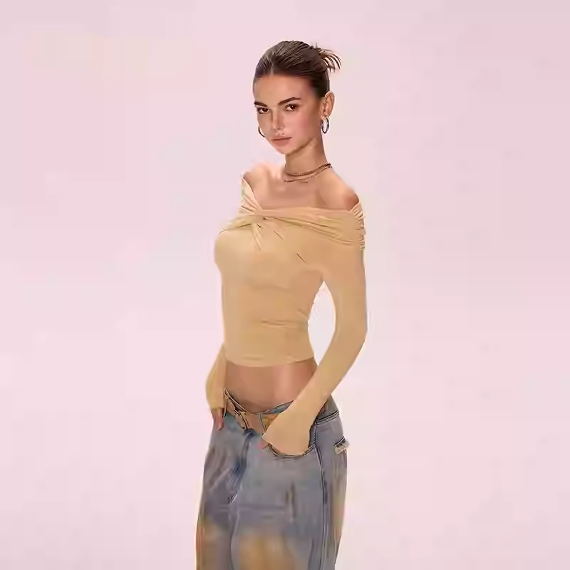 Off-the-shoulder Long Short-sleeved T-shirt Yellow Bottoming Shirt