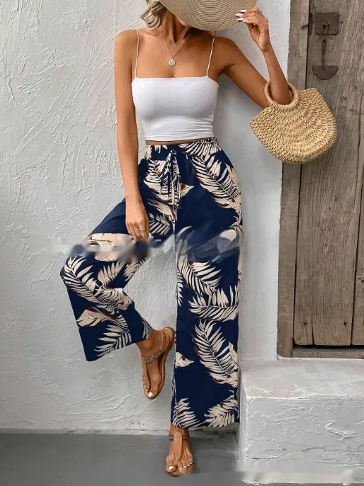 New Women's Trousers Elastic Waistband Straight High Waist Navy Blue - Shop at LoveMi