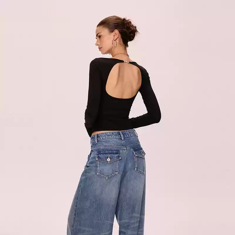 Summer Long Short-sleeved Backless T-shirt Top Women's High-grade Bottoming Shirt