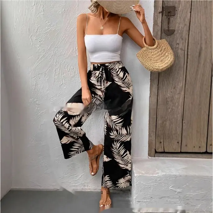 New Women's Trousers Elastic Waistband Straight High Waist
