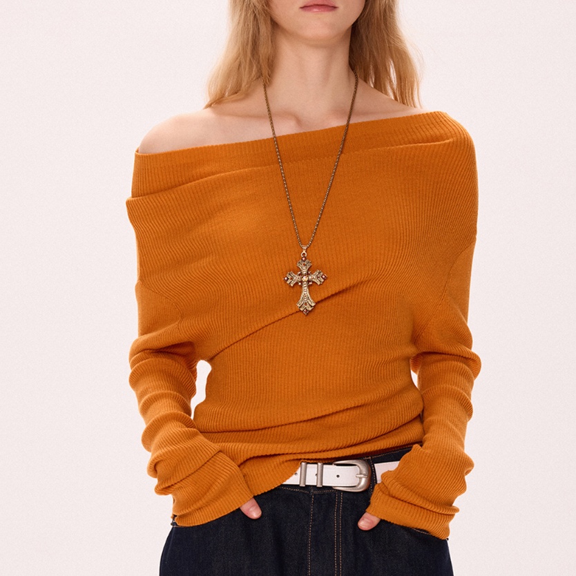 Off-the-shoulder Slim-fit Woolen Sweater Women's Spring Loose Feeling Niche Top