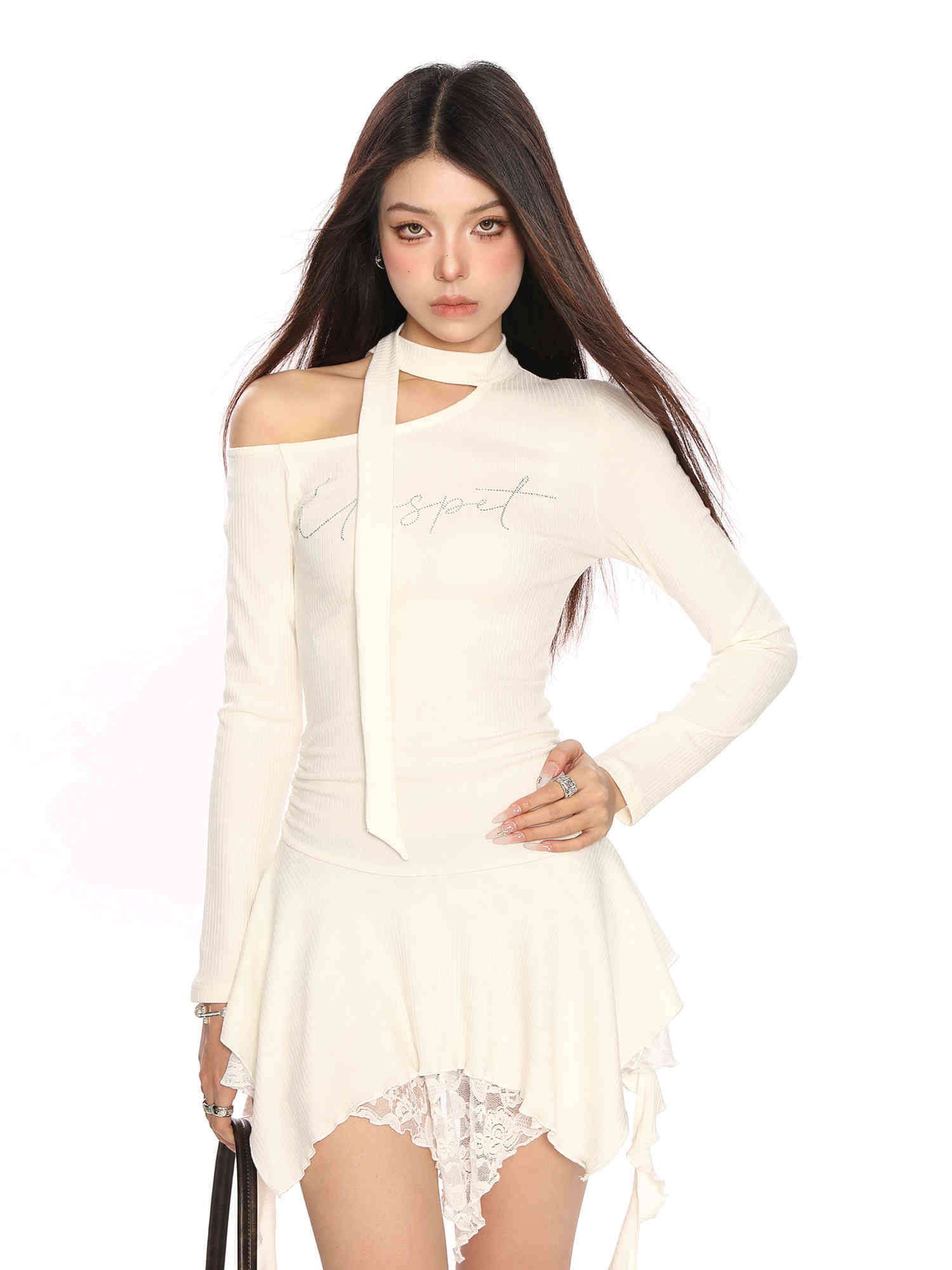 Hot Girl Irregular Shoulder Lace Up Lace Long Sleeve Dress