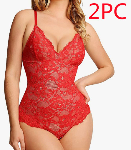 European And American Women's New Sling Lace Stitching Sexy Bodysuit Red 2Pc - Shop at LoveMi