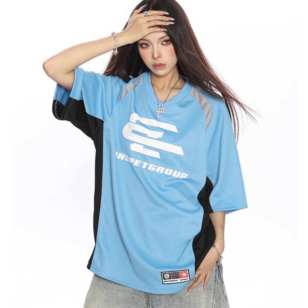 Female Color Blocked Patchwork Small V-neck Raglan Short Sleeved Shirt