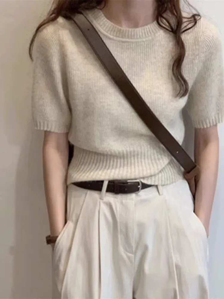 Soft Glutinous Inner Wear Sweater Puff Sleeve Short - 3182 Apricot