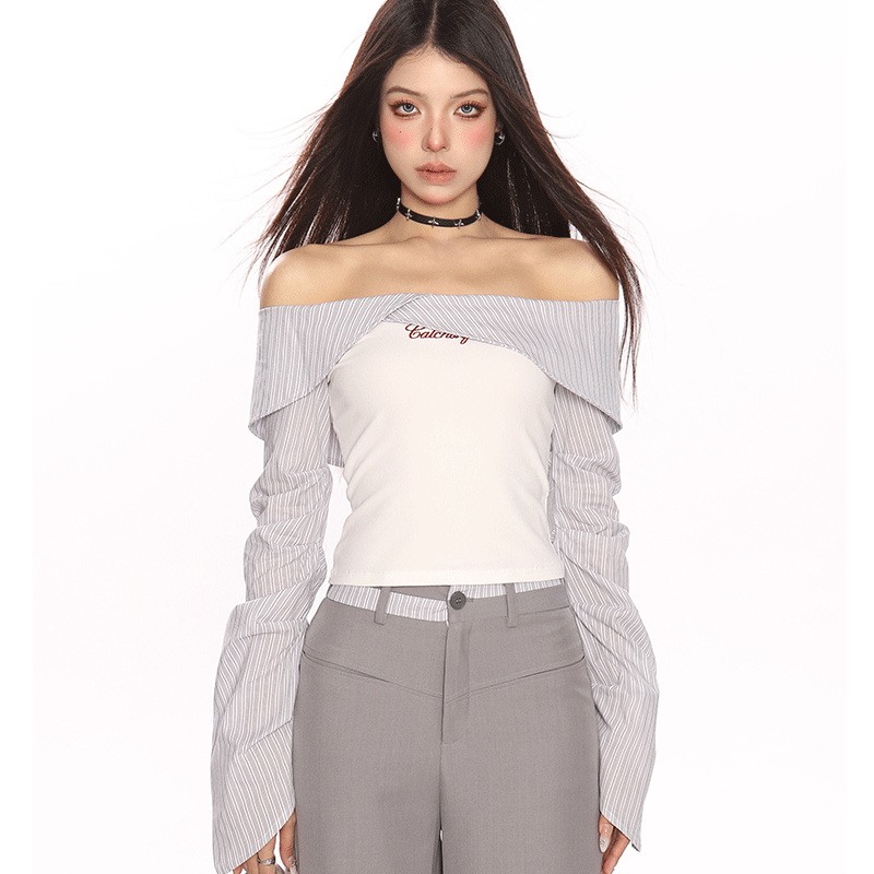 Women's Striped One Shoulder Long Sleeved Shirt And Pants