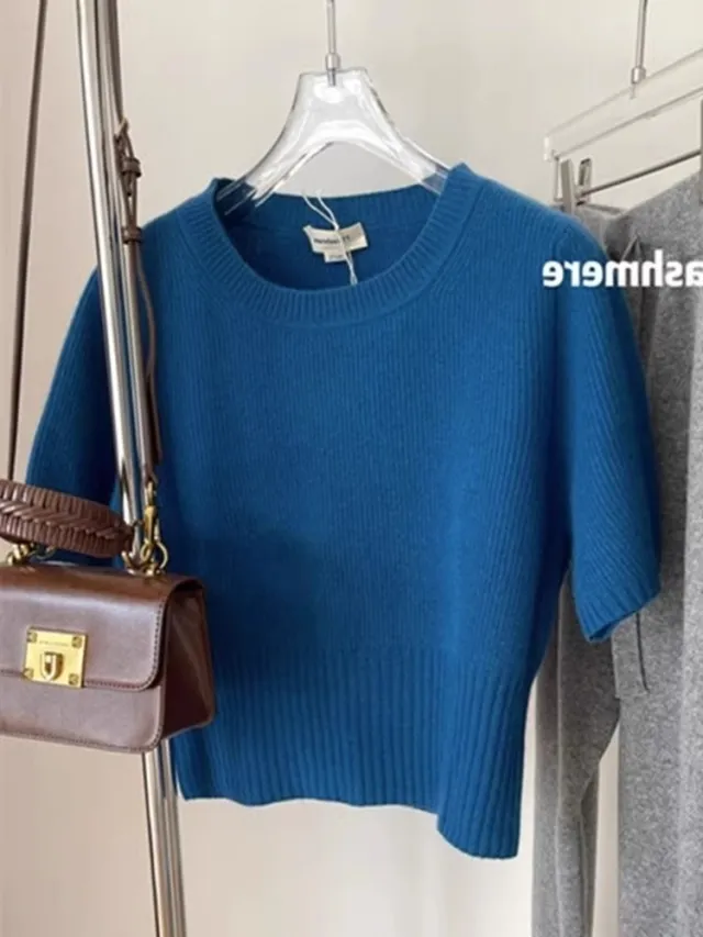 Soft Glutinous Inner Wear Sweater Puff Sleeve Short 3182 Blue - Shop at LoveMi