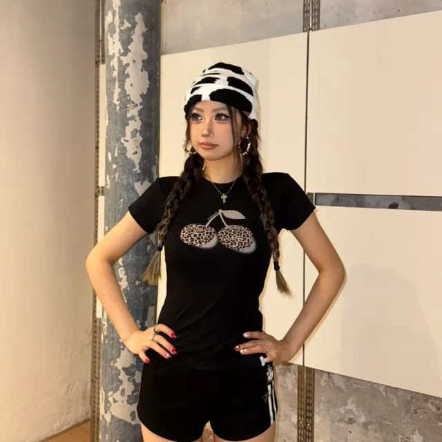 Female Leopard Print Cherry Camouflage Print Casual Short Sleeved Shirt Black - Shop at LoveMi