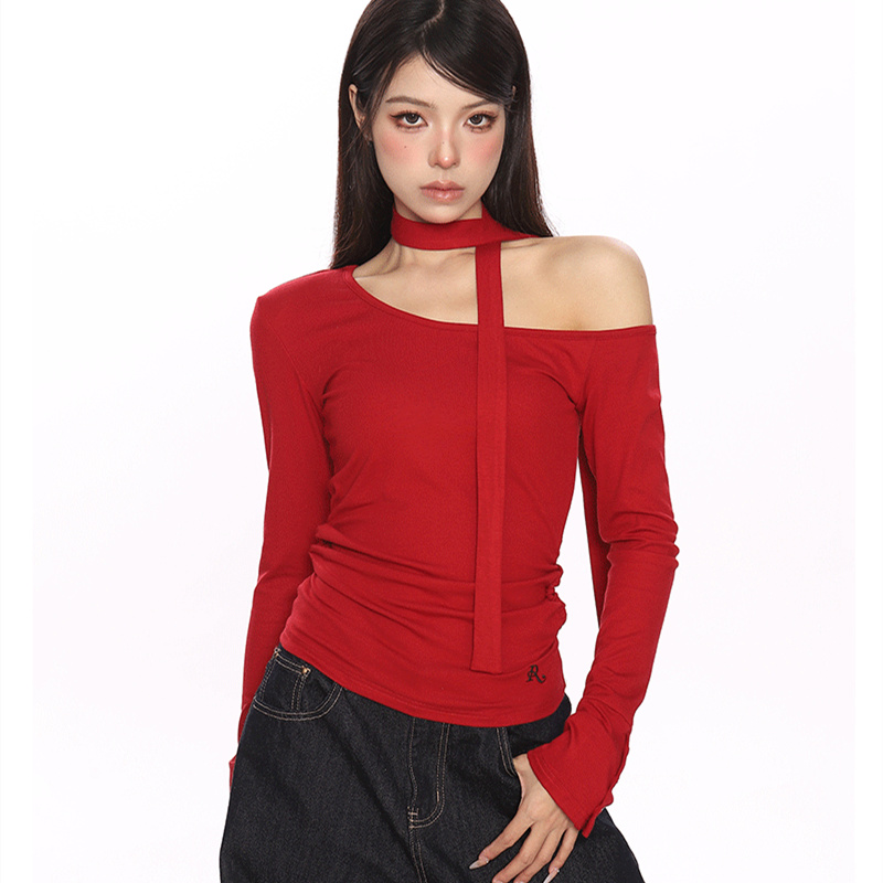 Female Off Shoulder Hanging Neck Slanted Shoulder Long Sleeved T-shirt